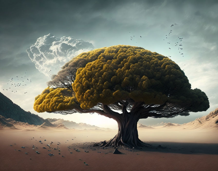 Gigantic tree with yellow canopy in desert landscape under dramatic sky