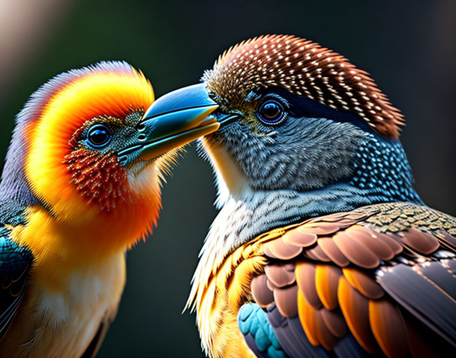 Colorful Birds Interaction: Orange, Blue, Brown Feathers