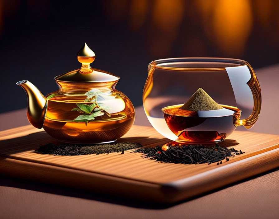 Glass Teapot, Cup with Mountain Tea Bag, and Loose Tea Leaves on Wooden Tray