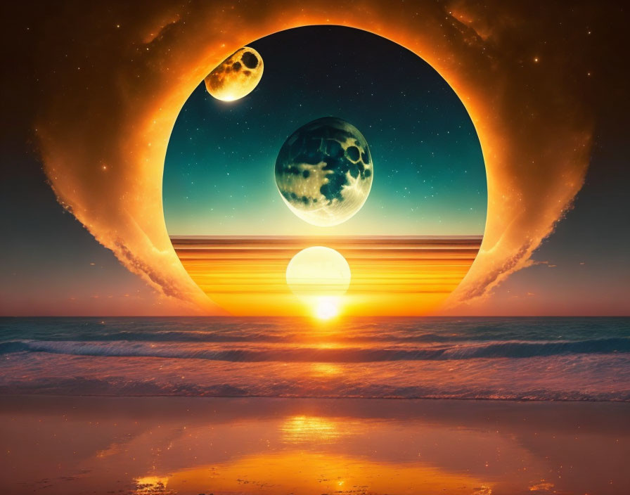 Surreal beach sunset with moons in star-filled sky and glowing portal