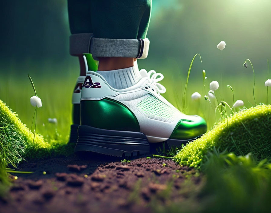 Stylish White Sneakers with Green Accents on Grass Field