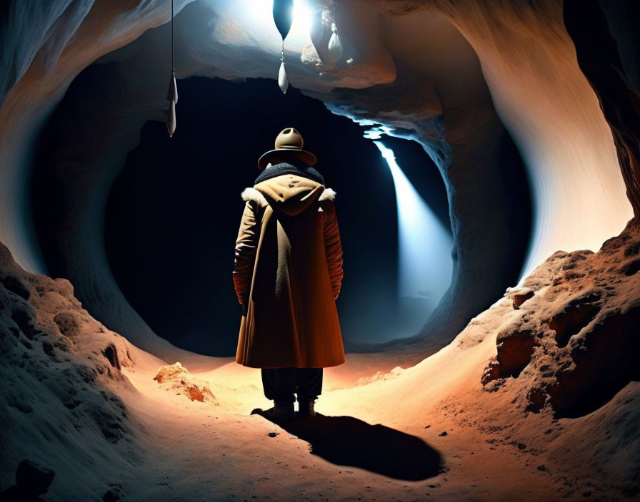 Person in trench coat and hat in illuminated tunnel.