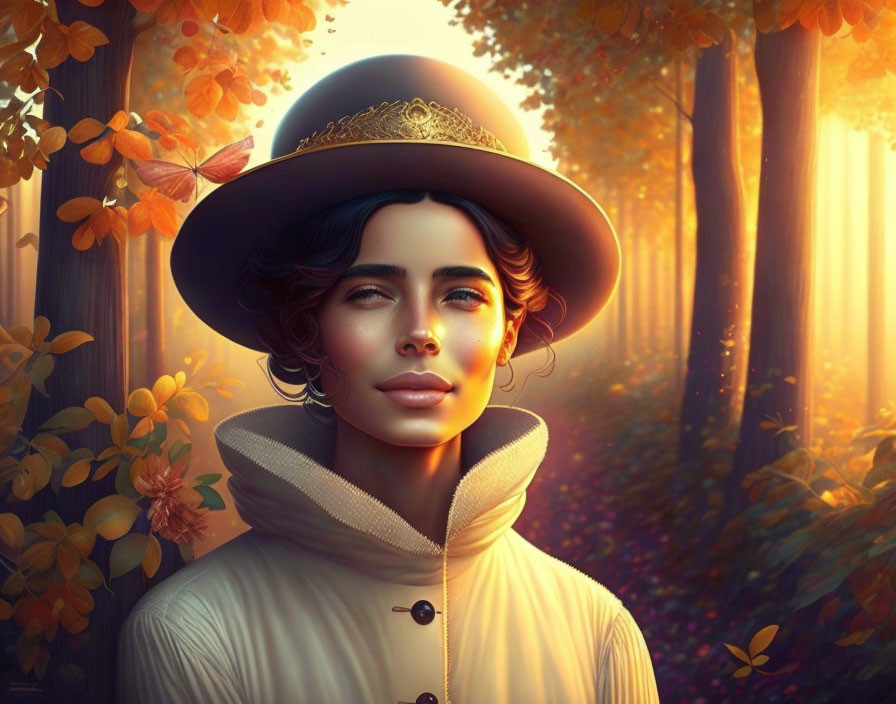 Woman in straw hat among autumn leaves in warm light