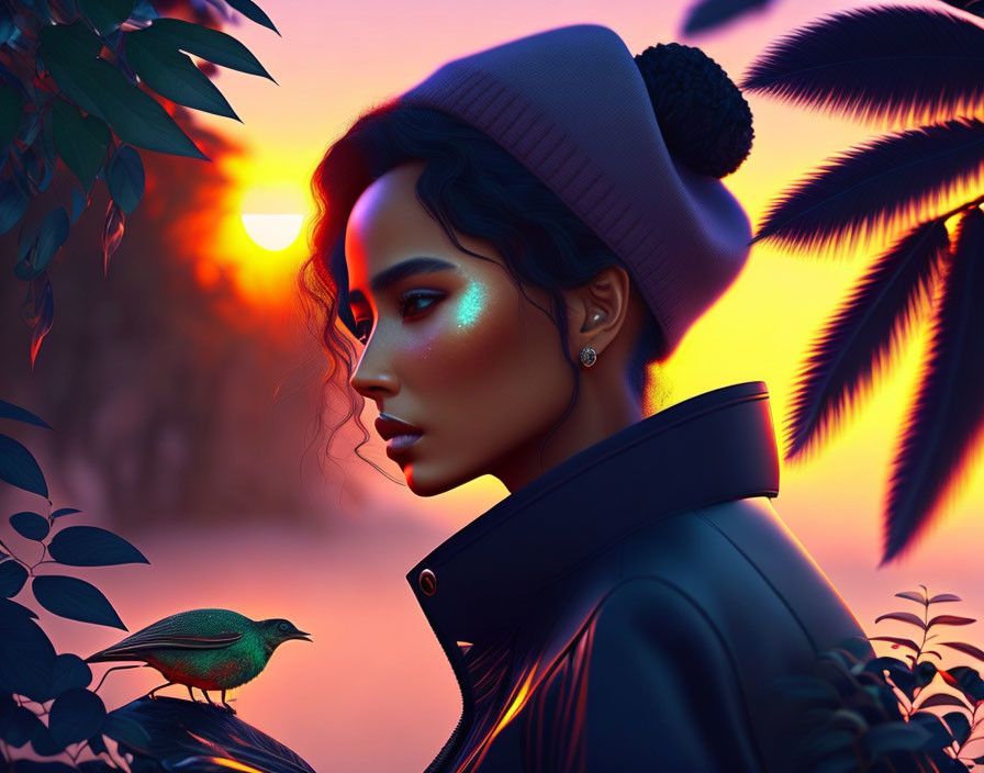 Vibrant digital artwork of woman with glowing skin and beanie, bird, sunset, and colorful