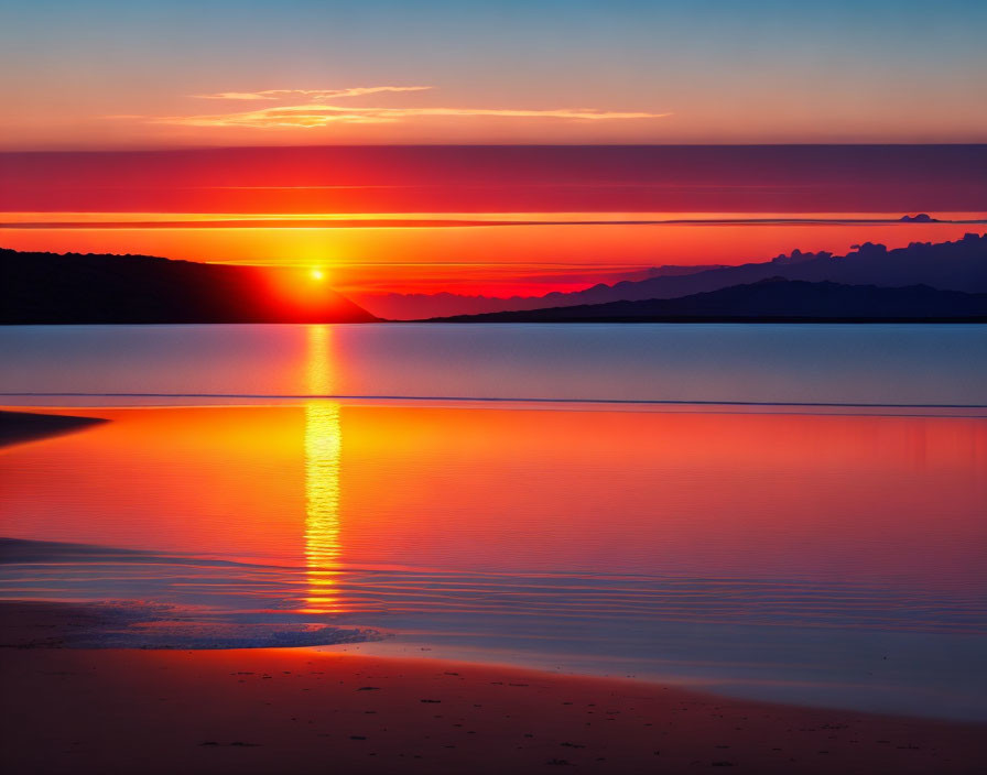 Vibrant orange and red sunset over calm lake and mountains