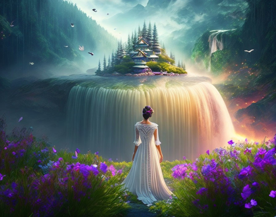 Woman in white dress near waterfall with temple, birds, and purple flowers