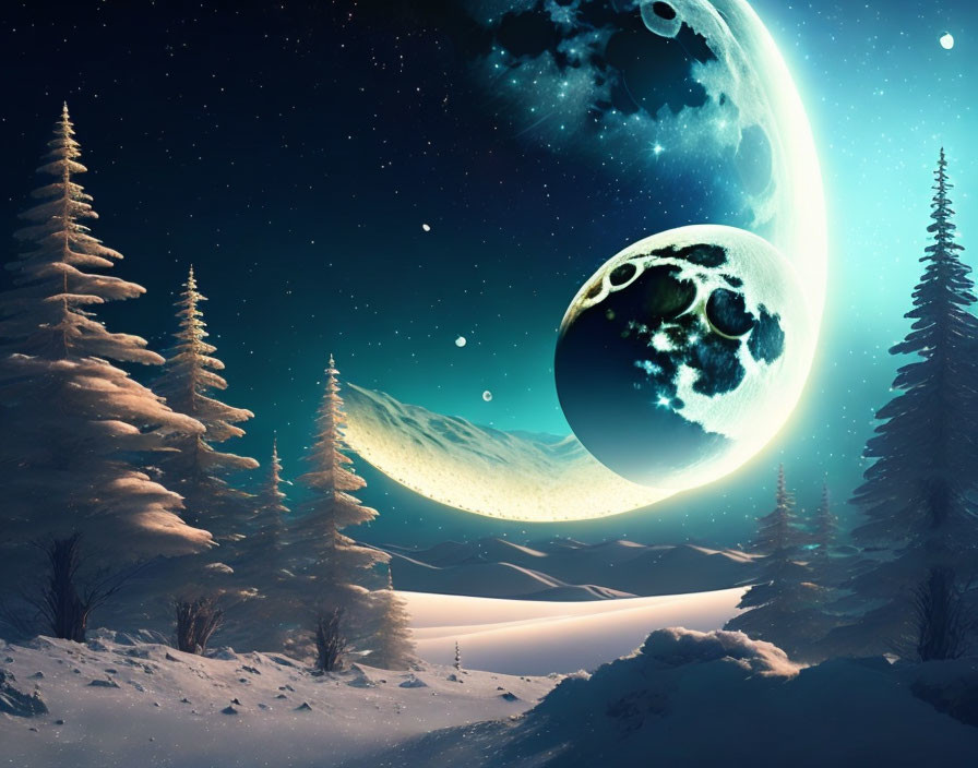 Snowy Night Landscape with Pine Trees and Fantastical Moons