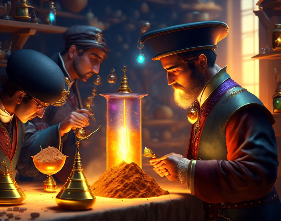 Detailed scene: Two alchemists working with glowing vial