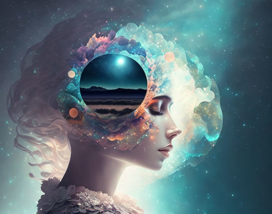 Woman's profile with cosmic landscape mind: stars, nebulas, mountains