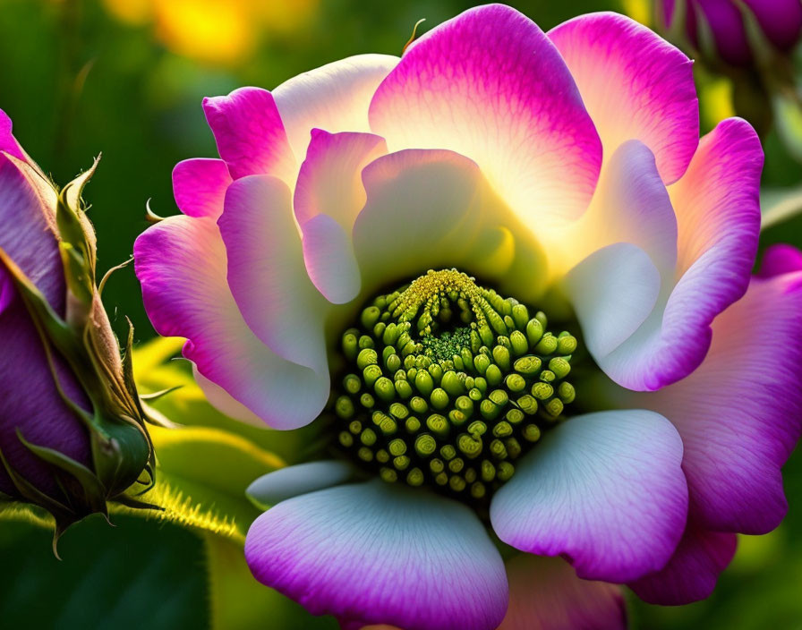 Close-Up of Vibrant Pink and White Flower with Greenish-Yellow Stamens in Soft Sunlight