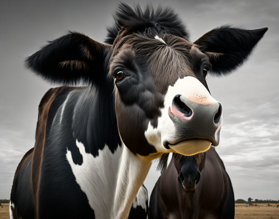 Curious black and white cow in field under overcast sky