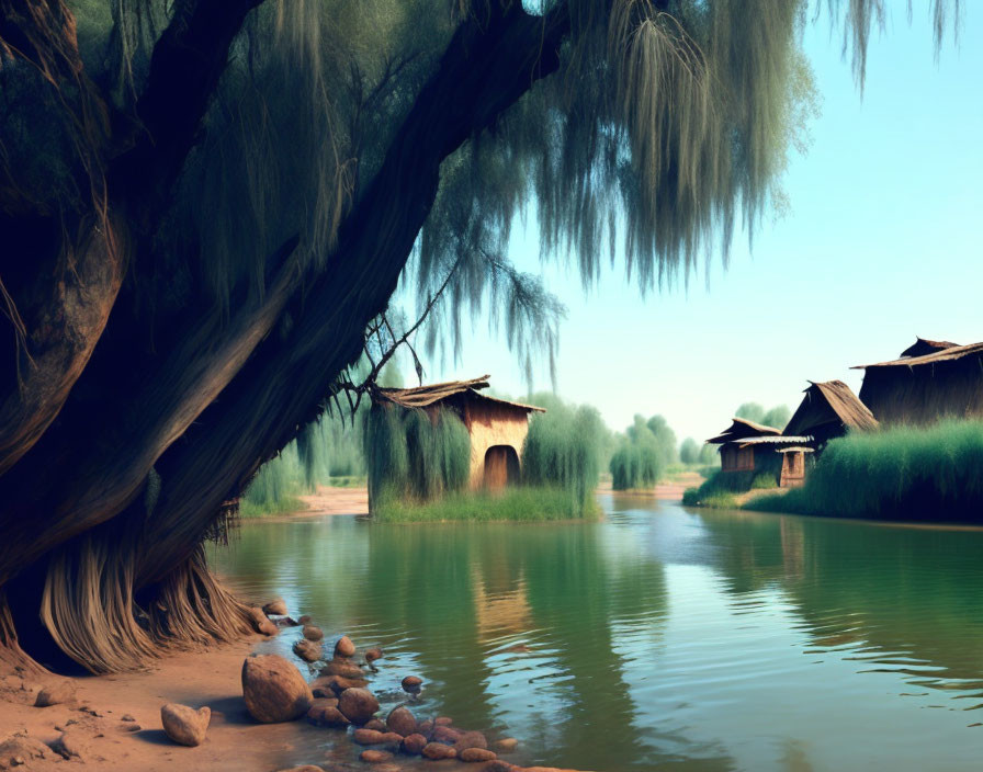 Riverside scene with willow trees, thatched huts, and smooth stones