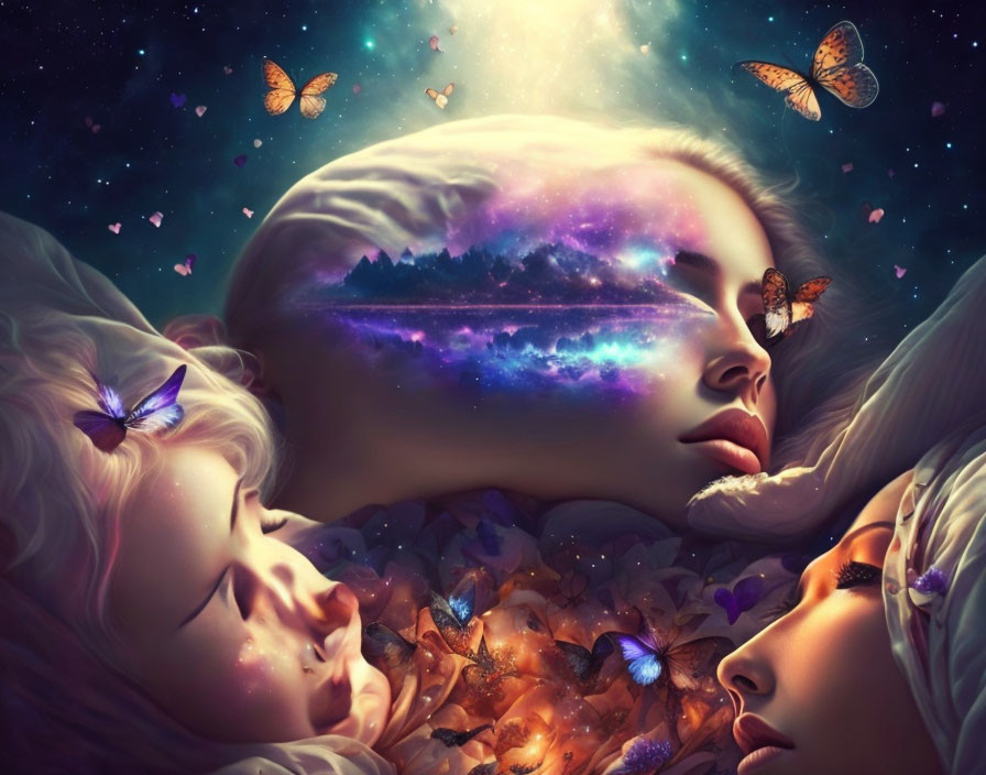 Surreal art: Sleeping faces, butterflies, galaxy, stars blend seamlessly