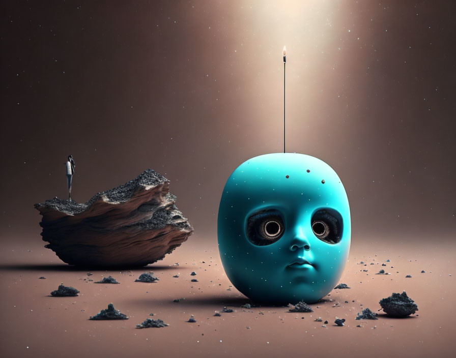 Surreal round blue object with sad face and antenna next to miniature ladder on dusty surface