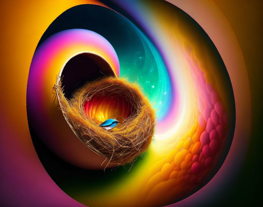 Colorful digital art: Blue bird in nest amid cosmic swirl