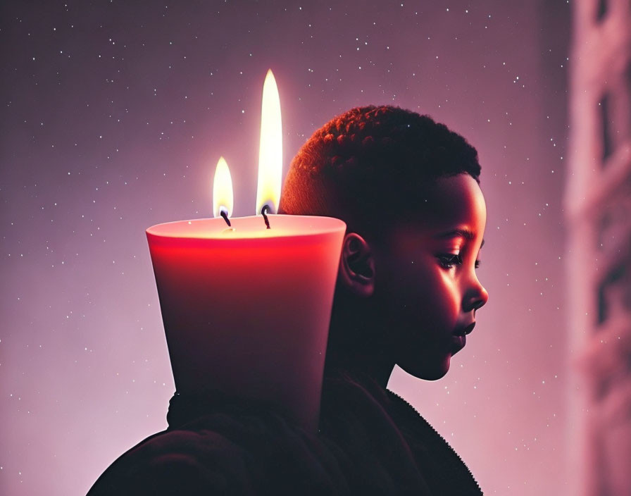 Surreal image: boy with melting candle on head under starry sky