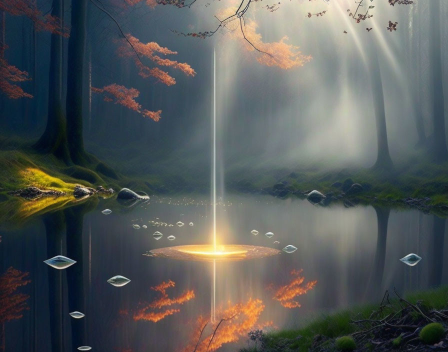 Autumn forest with shining light on water amid mystical ambiance