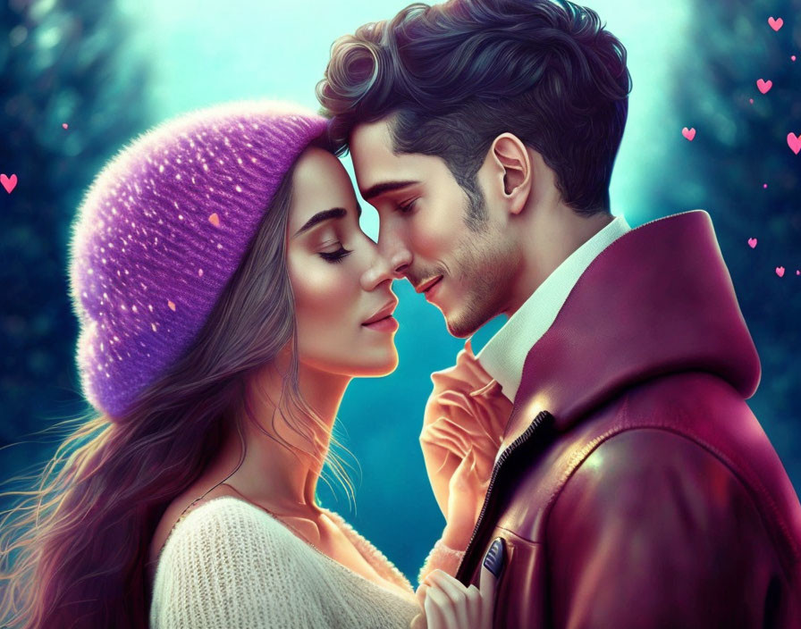 Romantic couple kissing, woman in purple beanie, man in red jacket, hearts, blue backdrop