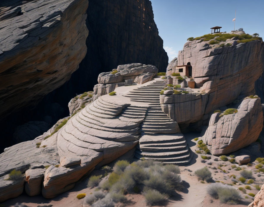 Stone Staircase Leads to Traditional Pavilion in Rugged Canyon