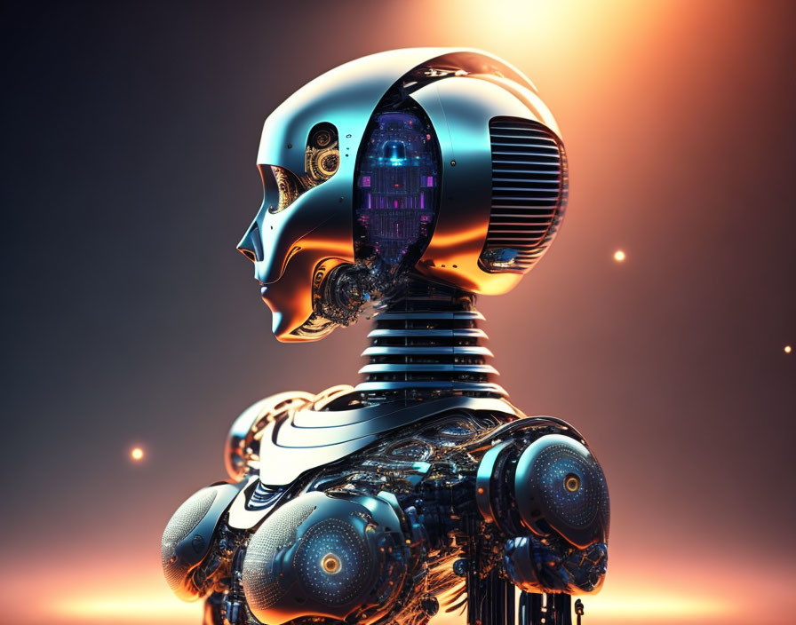 Detailed humanoid robot with glowing blue accents on amber background