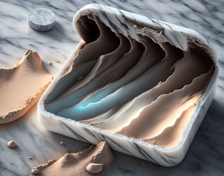 Geode-inspired digital artwork with brown, beige, and blue layers on marbled surface