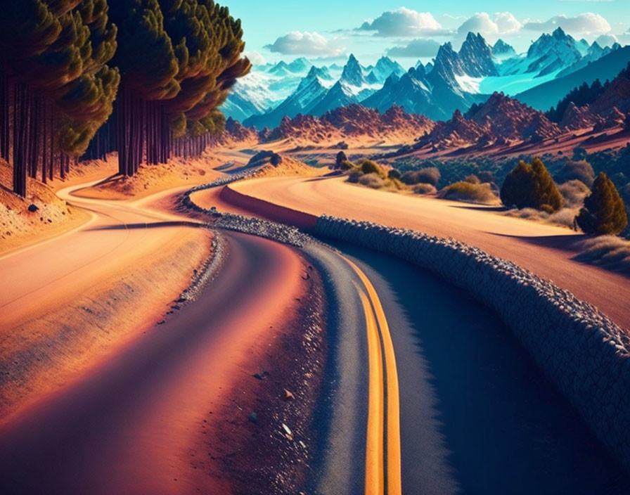 Desert road bordered by trees, leading to snowy mountains