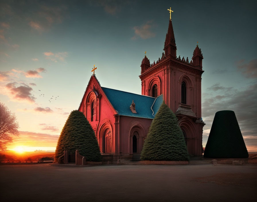 Gothic-style red church with golden crosses at sunset surrounded by green trees