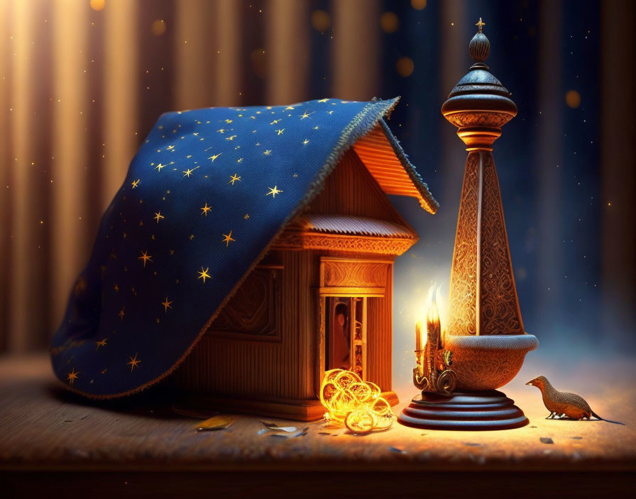 Miniature house, starry cloth, ornate tower, candle, fairy lights, bird figure