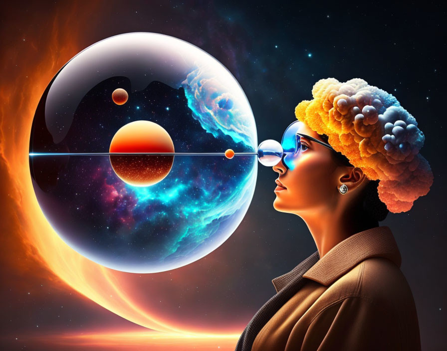 Surrealist artwork: Woman with celestial scene and aligned planets