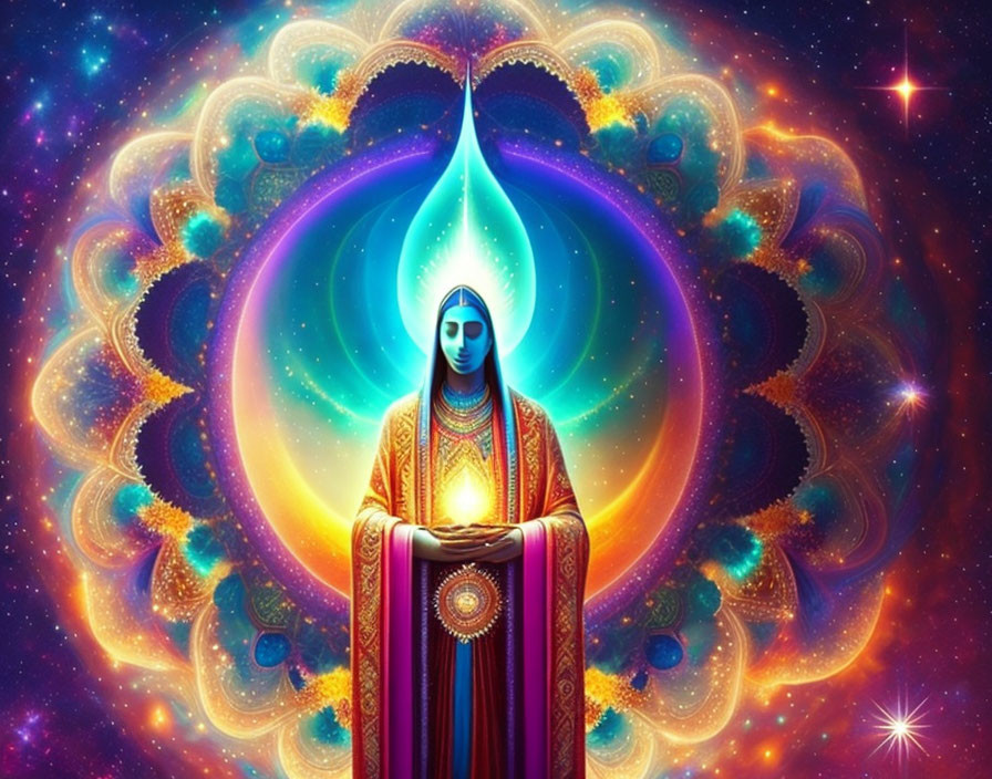 Colorful psychedelic artwork of meditative figure in cosmic setting