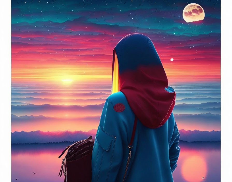 Hooded figure gazes at sunset over mountains