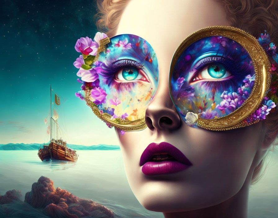 Surreal artwork: Woman's face with galaxy eyes, flowers, sea, ship