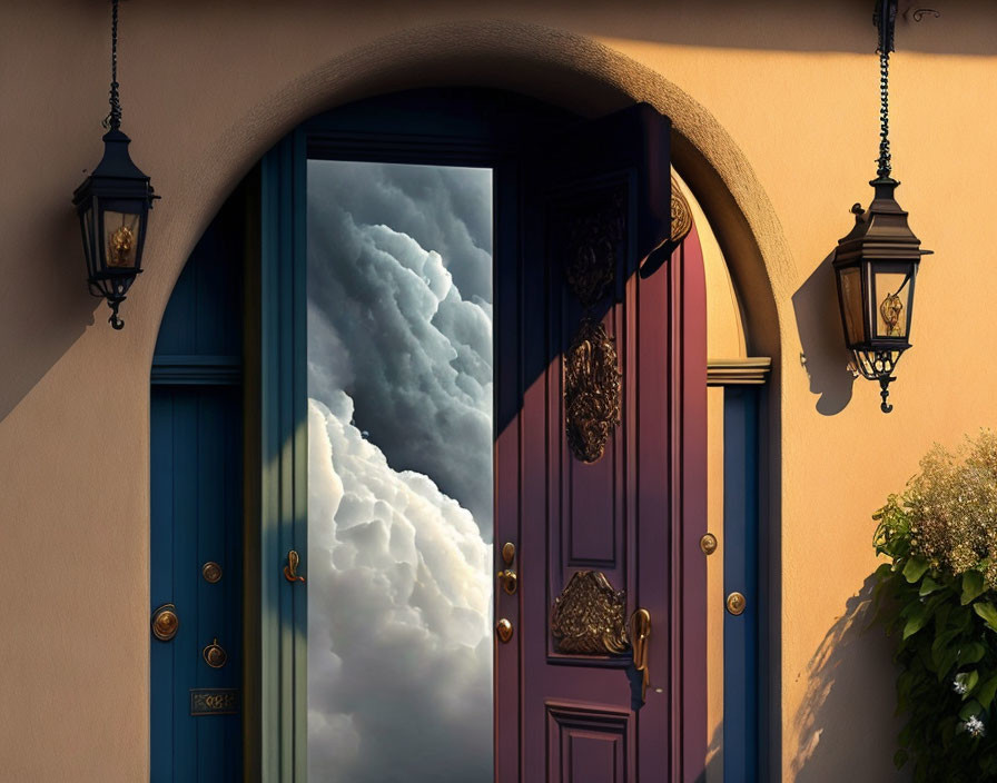 Ornate door with arched entryway and billowing clouds view