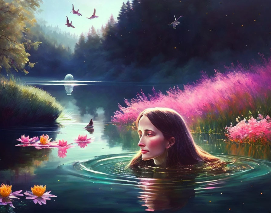 Tranquil woman in lake surrounded by pink flora and birds