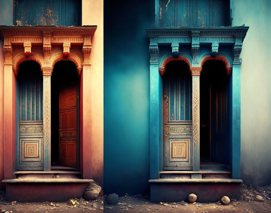 Weathered building vintage wooden door with intricate carvings