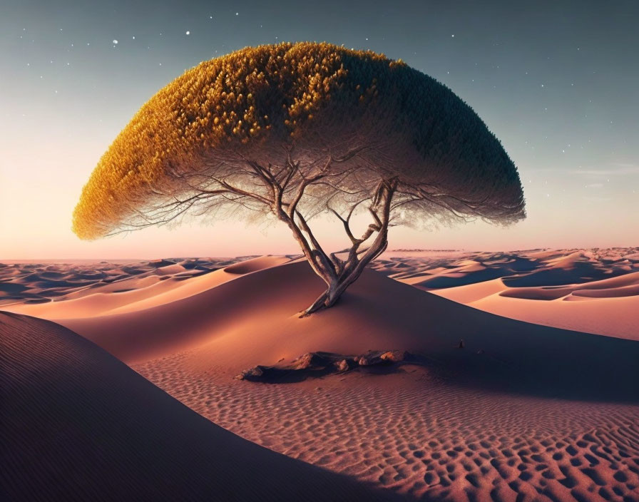 Surreal desert landscape: solitary tree with large crown at twilight