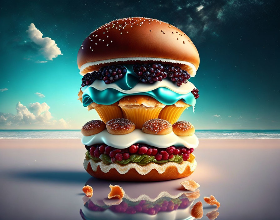 Surreal burger with cake layers on beach at twilight