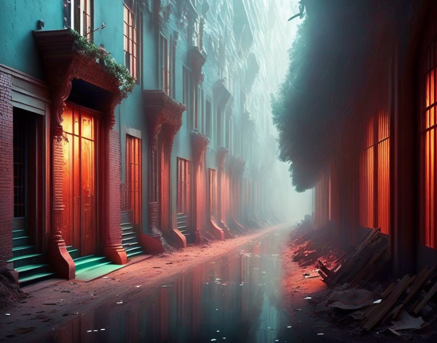 Misty urban alley with red illuminated windows and street lights