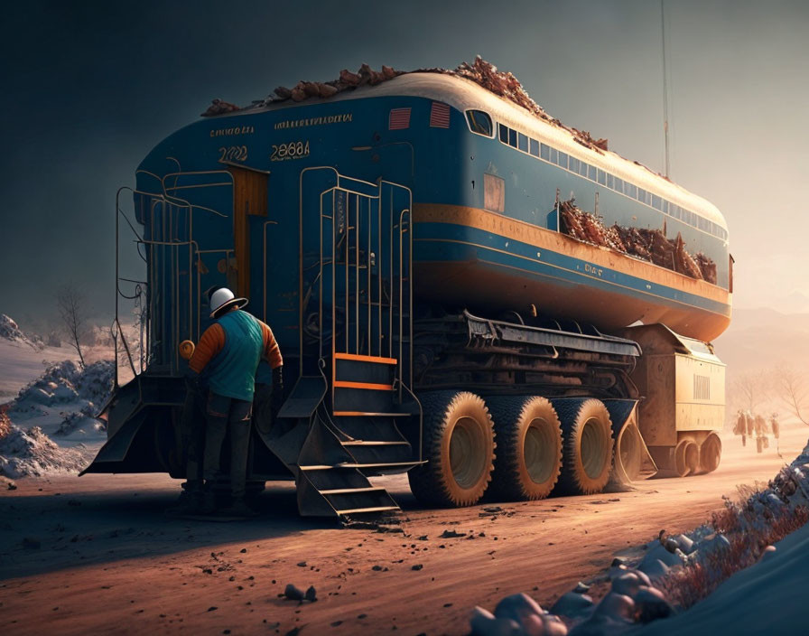 Futuristic train with oversized wheels in snowy landscape