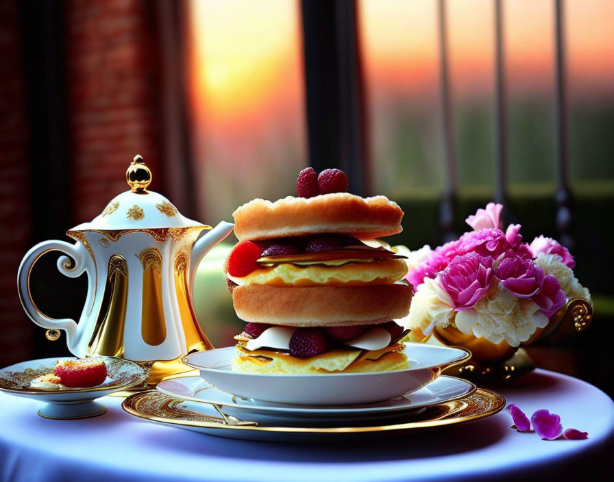 Gold-Trimmed Teapot, Pancakes with Berries, Pink Flowers on Sunset View Table