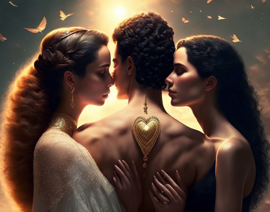 Three Women in Fantasy Scene with Golden Accessories and Elaborate Hairstyle