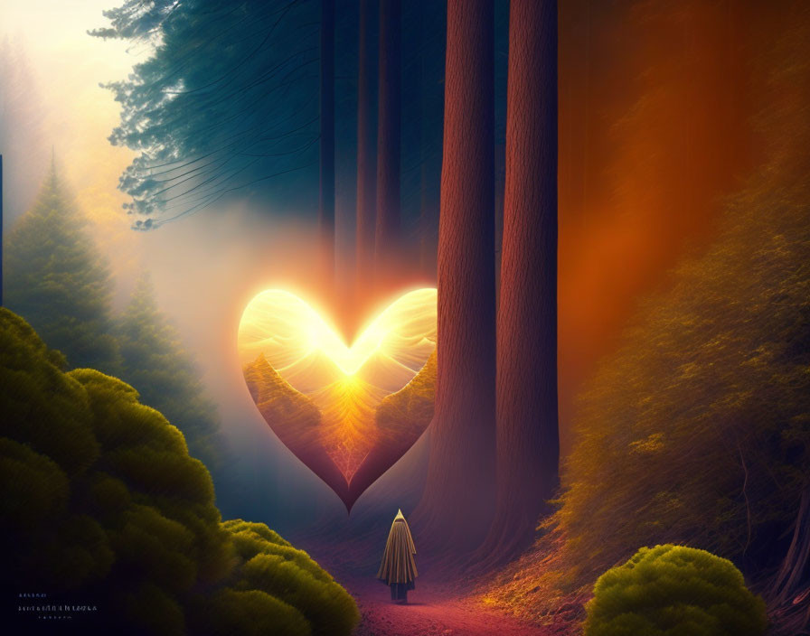 Person standing at heart-shaped portal in mystical forest transition.