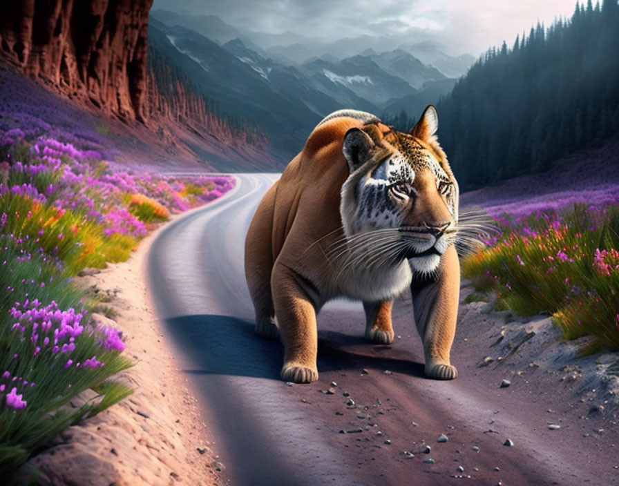 Majestic tiger on winding road at dusk with wildflowers