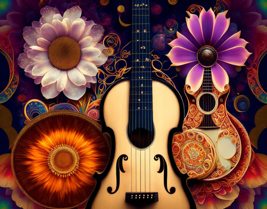 Colorful String Instruments and Flowers Artwork