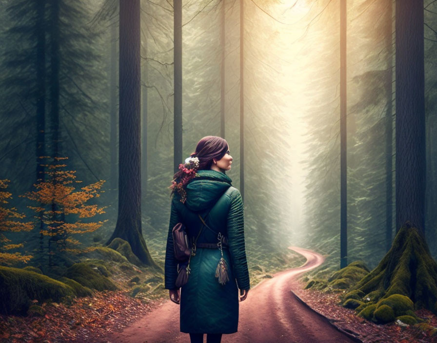 Person in Green Coat Standing on Forest Path Under Sunlight