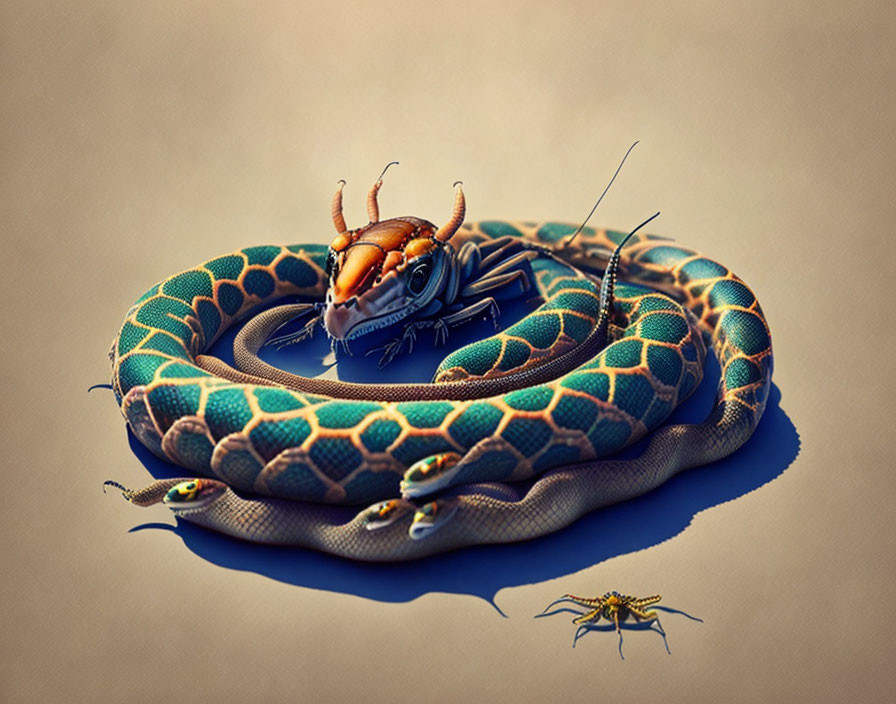 Colorful snake with beetle head on surface - digital art piece