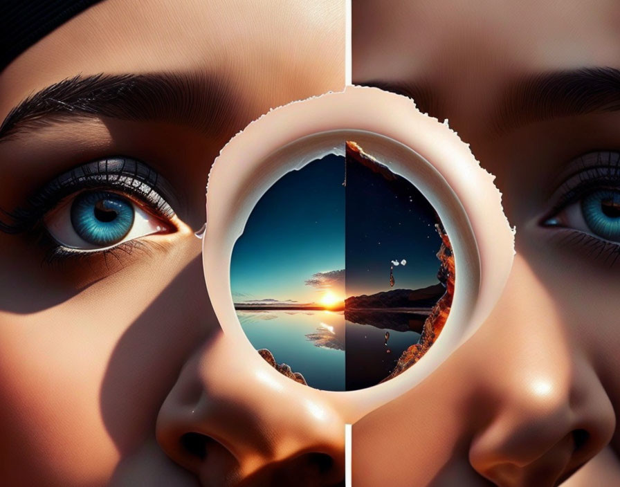 Surreal close-up of woman's eyes with torn paper revealing scenic sunset.