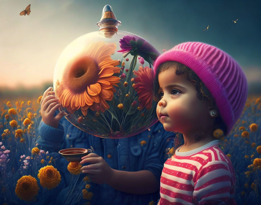 Child in Pink Hat Holds Flower-Filled Bubble in Field