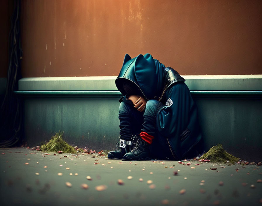 Person in Blue Hoodie Sitting Against Wall, Deep in Thought