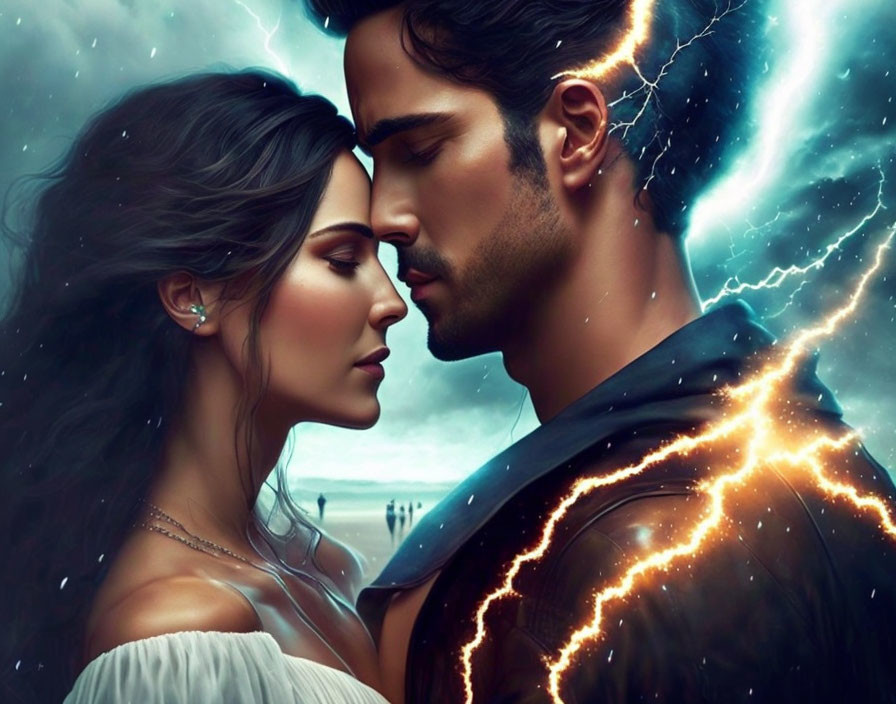 Digital artwork: Couple embracing in stormy skies with lightning.